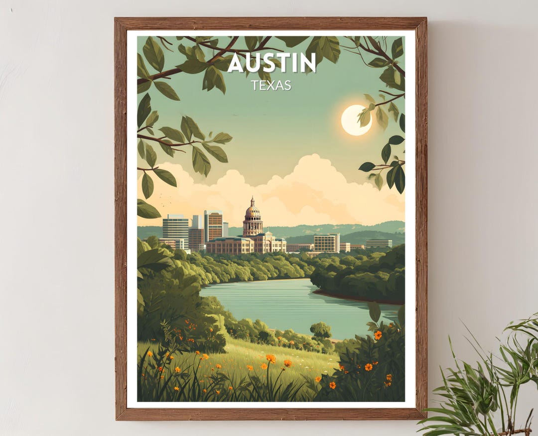 Austin Texas Retro Travel Poster, Mid Century Modern Vintage Cityscape ...