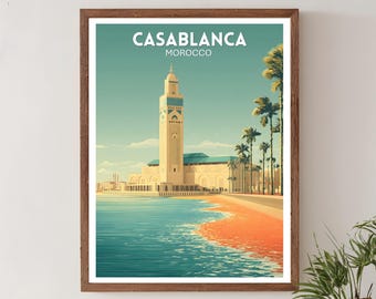 Stampa di viaggio vintage Casablanca Marocco, poster da parete retrò, illustrazione di moschea, arte della città del Marocco, stampa di viaggio in Marocco, poster del Marocco