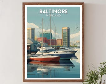 Póster retro de viaje de Baltimore, Maryland; Póster de Maryland; Impresión artística de pared moderna de mediados de siglo; Decoración vintage de paisaje urbano portuario; Decoración de Baltimore