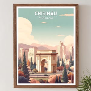 Könnte beinhalten: Ein gerahmter Kunstdruck mit einer stilisierten Illustration von Chișinău, Moldawien. Das Kunstwerk zeigt eine Stadtlandschaft mit einem Torbogen im Vordergrund, Gebäuden, Bäumen und einer Pastellfarbpalette aus Blau, Grün und Rosa. Der Text "CHIȘINĂU MOLDOVA" steht oben.
