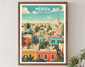 Könnte beinhalten: Ein gerahmter Kunstdruck mit einer farbenfrohen Illustration von Mérida, Yucatán, Mexiko. Das Kunstwerk zeigt eine Stadtlandschaft mit bunten Gebäuden in Orange, Gelb und Türkis, Palmen und einer Kirche. Der Text "Mérida, Yucatán, Mexico" steht oben.