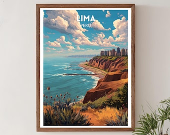 May include: A framed art print showing a coastal view of Lima, Peru. The image displays a blue ocean, a cliff with buildings, and a sky with white clouds. The text "LIMA PERU" is at the top of the print, which is in a wooden frame.