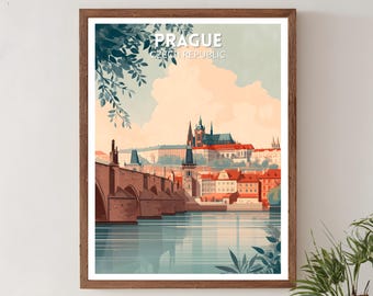 Retro reisposter Praag, Tsjechië, moderne vintage stadskunst uit het midden van de eeuw, kunst aan de muur Europa