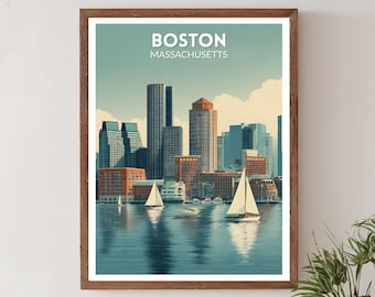 Boston Massachusetts retro reisposter, moderne muurkunst uit het midden van de eeuw, vintage stadsgezicht decor, Massachusetts poster, woondecoratie