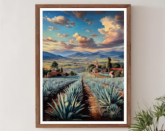 Agave Fields Sunset Art Print, Mexico landschapsschilderkunst, blauwe agave muurkunst, warm Mexicaans decor