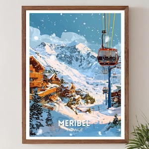 Könnte beinhalten: Ein gerahmter Druck von Meribel, Frankreich, mit einer verschneiten Berglandschaft, Skichalets und einem Skilift. Das Kunstwerk ist im Stil eines Vintage-Reiseposters gehalten, mit einer Farbpalette aus Blau-, Braun- und Orangetönen. Der Text "Meribel France" befindet sich unten.