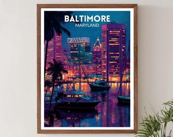 Baltimore Maryland lebendiges Reiseplakat, Retro futuristisches Wand-Kunstdruck, buntes Hafen Stadtbild, Maryland Plakat, modernes Dekor