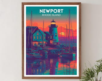 Newport Rhode Island Vibrant Travel Poster, Retro Futuristic Wall Art Print, Colorful Coastal Sunset, Modern American Decor
