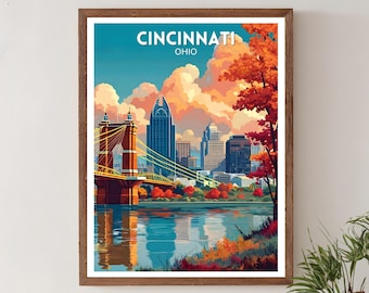 Cincinnati Ohio Vintage Travel Print, Retro Wall Art Poster, Illustrated City Wall Decor, Cincinnati Printable Art, Cincinnati poster, Ohio