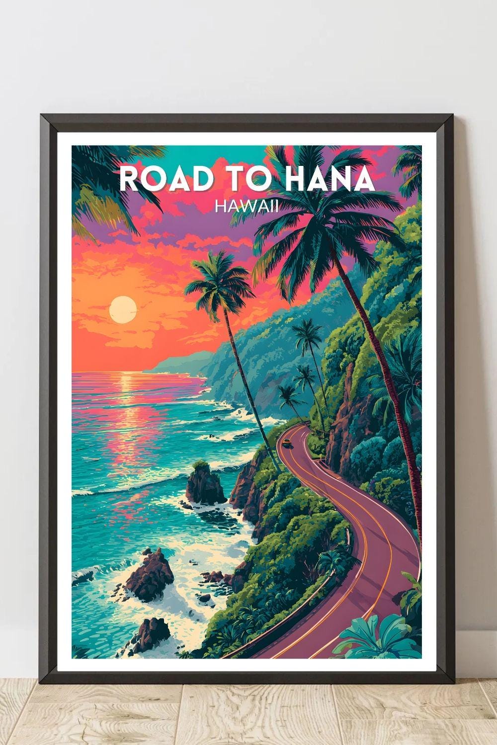 Road to Hana Hawaii Vibrant Travel Poster, Retro Futuristic Wall