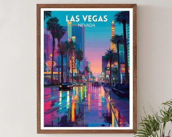 Las Vegas Nevada Vibrant Travel Poster, Retro Futuristic Wall Art Print, Colorful City Lights Night Scene, Nevada Poster, Modern Decor