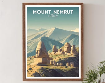 Mount Nemrut Turkije retro reisposter, moderne vintage bergkunst uit het midden van de eeuw, muurkunst Azië
