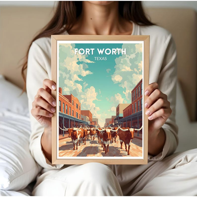 Fort Worth Texas Retro Travel Poster, Mid Century Modern Wall Art Print ...