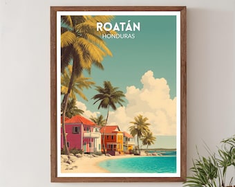 Póster retro de Roatán, Honduras, arte costero vintage moderno de mediados de siglo, arte mural norteamericano