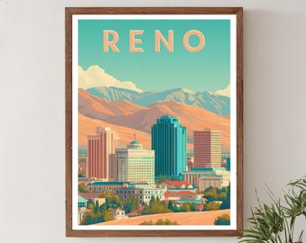 Reno Nevada Retro Travel Poster, Mid Century Modern Wall Art Print, Vintage Skyline Landscape Decor, American Home Art