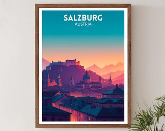 Salzburg Austria Vibrant Travel Poster, Retro Futuristic Wall Art Print, Colorful Cityscape Landscape, Austria Poster, Modern Decor