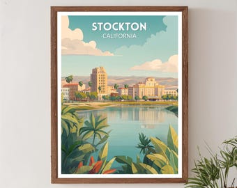 Stockton California Retro Travel Poster, Mid Century Modern Vintage Cityscape Art, North America Wall Art