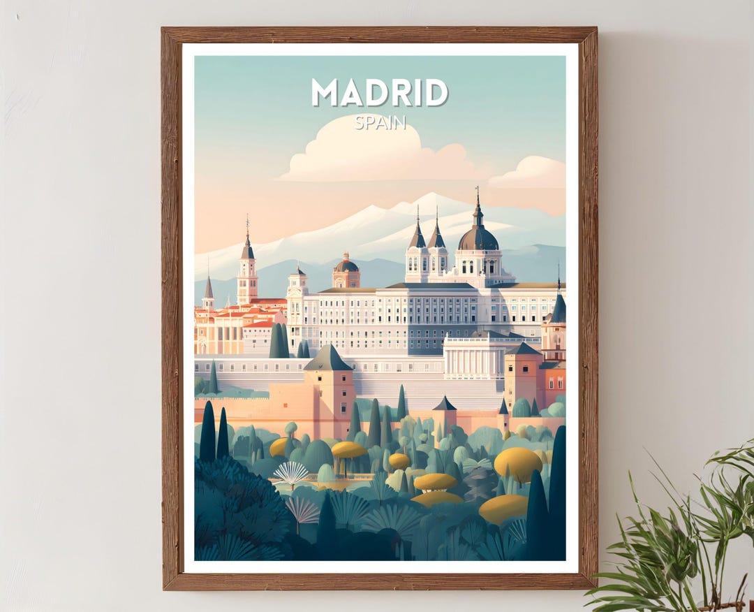 Madrid Spain Retro Travel Poster, Mid Century Modern Vintage Cityscape ...