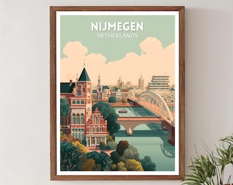 Nijmegen Nederland retro reisposter, moderne vintage stadsgezichten uit het midden van de eeuw, kunst aan de muur Europa