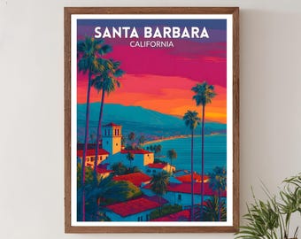 Santa Barbara California Vibrant Travel Poster, Retro Futuristic Wall Art Print, Colorful Coastal Sunset, Modern Decor