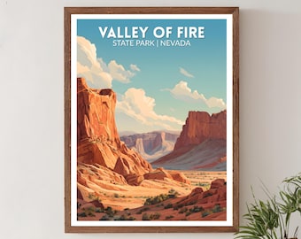 Valley of Fire State Park Nevada retro reisposter, moderne muurkunst uit het midden van de eeuw, vintage decor woestijnlandschap