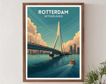 Plakat podróżniczy w stylu retro z Rotterdamu w Holandii, sztuka pejzażowa w stylu mid-century modern, sztuka ścienna w Europie