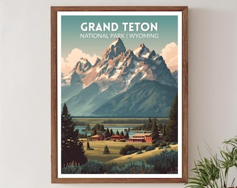 Grand Teton National Park Wyoming Retro Travel Poster, Mid Century Modern Vintage Landscape Art, North America Wall Art