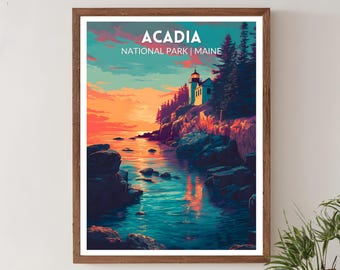 Muurkunst Acadia National Park Maine | Retro-futuristische reisposter vuurtoren, Acadia National Park, reisposter Maine, parkposter