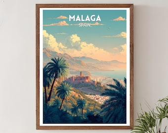 Nowoczesny plakat podróżniczy do Malagi w Hiszpanii, malownicze wybrzeże Morza Śródziemnego, czysta ilustracja, europejska sztuka ścienna