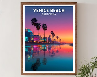 Poster di viaggio vibrante di Venice Beach, California, stampa artistica da parete retrò e futuristica, paesaggio costiero colorato al tramonto, poster della California