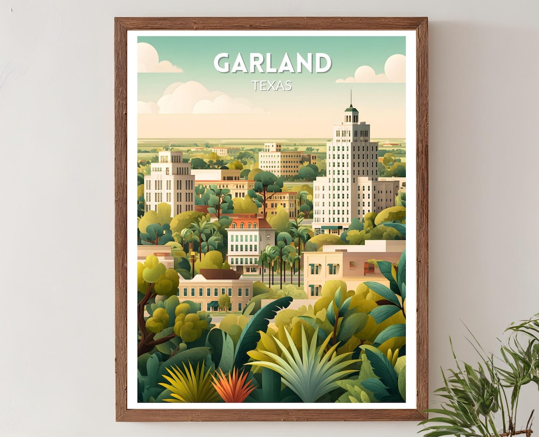 Garland Texas Retro Travel Poster, Mid Century Modern Vintage Cityscape ...