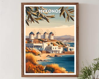 Mykonos Greece Retro Travel Poster, Mid Century Modern Vintage Coastal Art, Europe Wall Art