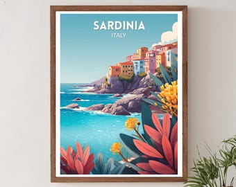 Poster di viaggio moderno della Sardegna, illustrazione pulita della costa mediterranea panoramica, arte murale europea