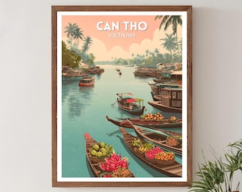 Can Tho Vietnam Retro Travel Poster, Mid Century Modern Wall Art Print, Vintage Floating Market Scene, Asian Home Decor