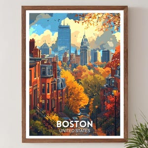 Boston Travel Print – USA Poster, Massachusetts Wall Art, Autumn City Illustration, American Skyline Artwork, Boston Travel Poster, Boston
