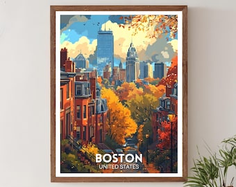 Boston Travel Print – USA Poster, Massachusetts Wall Art, Autumn City Illustration, American Skyline Artwork, Boston Travel Poster, Boston