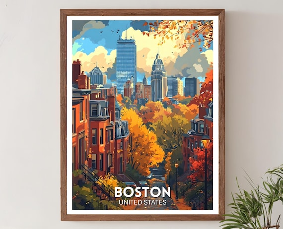 Boston Travel Print – USA Poster, Massachusetts Wall Art, Autumn City Illustration, American Skyline Artwork, Boston Travel Poster, Boston
