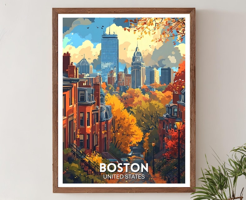 May include: A framed art print of Boston, United States, featuring a colorful cityscape. The artwork showcases brownstone buildings, autumn foliage, and skyscrapers under a blue sky. The word "BOSTON" is displayed at the bottom.