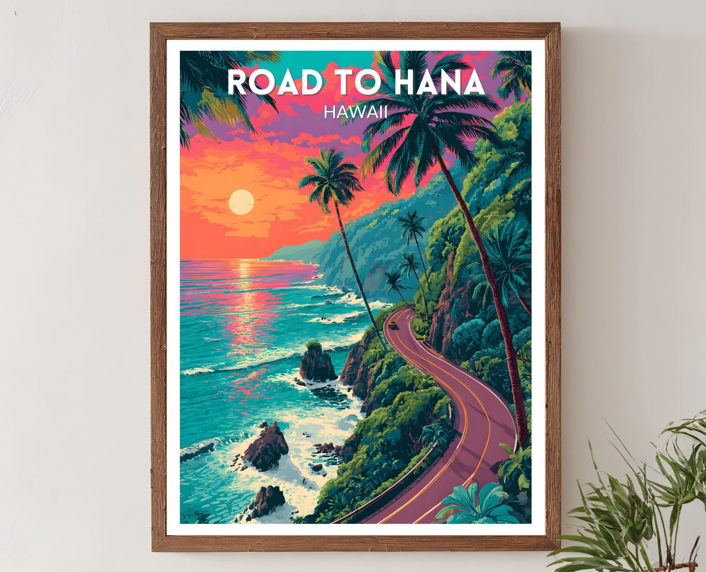 Road to Hana Hawaii Vibrant Travel Poster, Retro Futuristic Wall