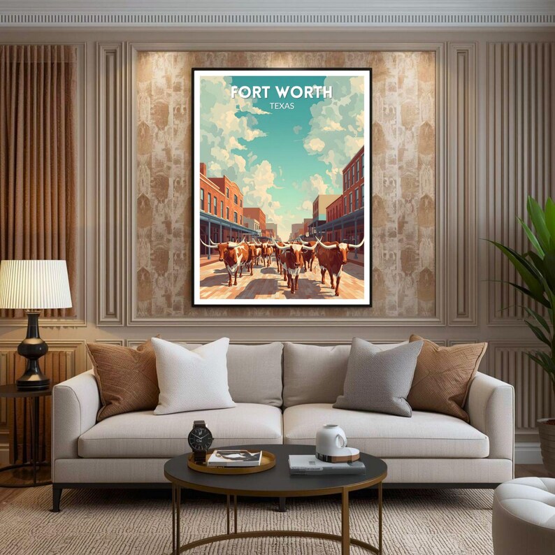 Fort Worth Texas Retro Travel Poster, Mid Century Modern Wall Art Print ...