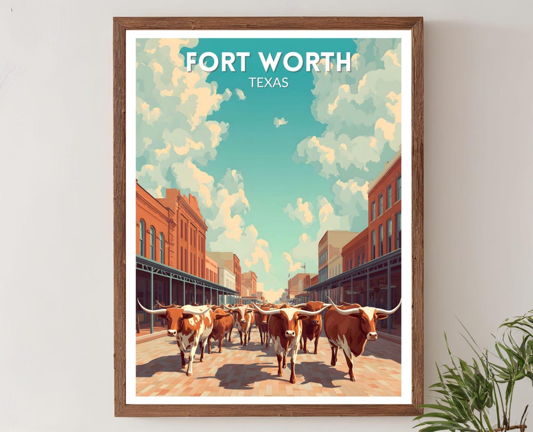 Fort Worth Texas Retro Travel Poster, Mid Century Modern Wall Art Print ...