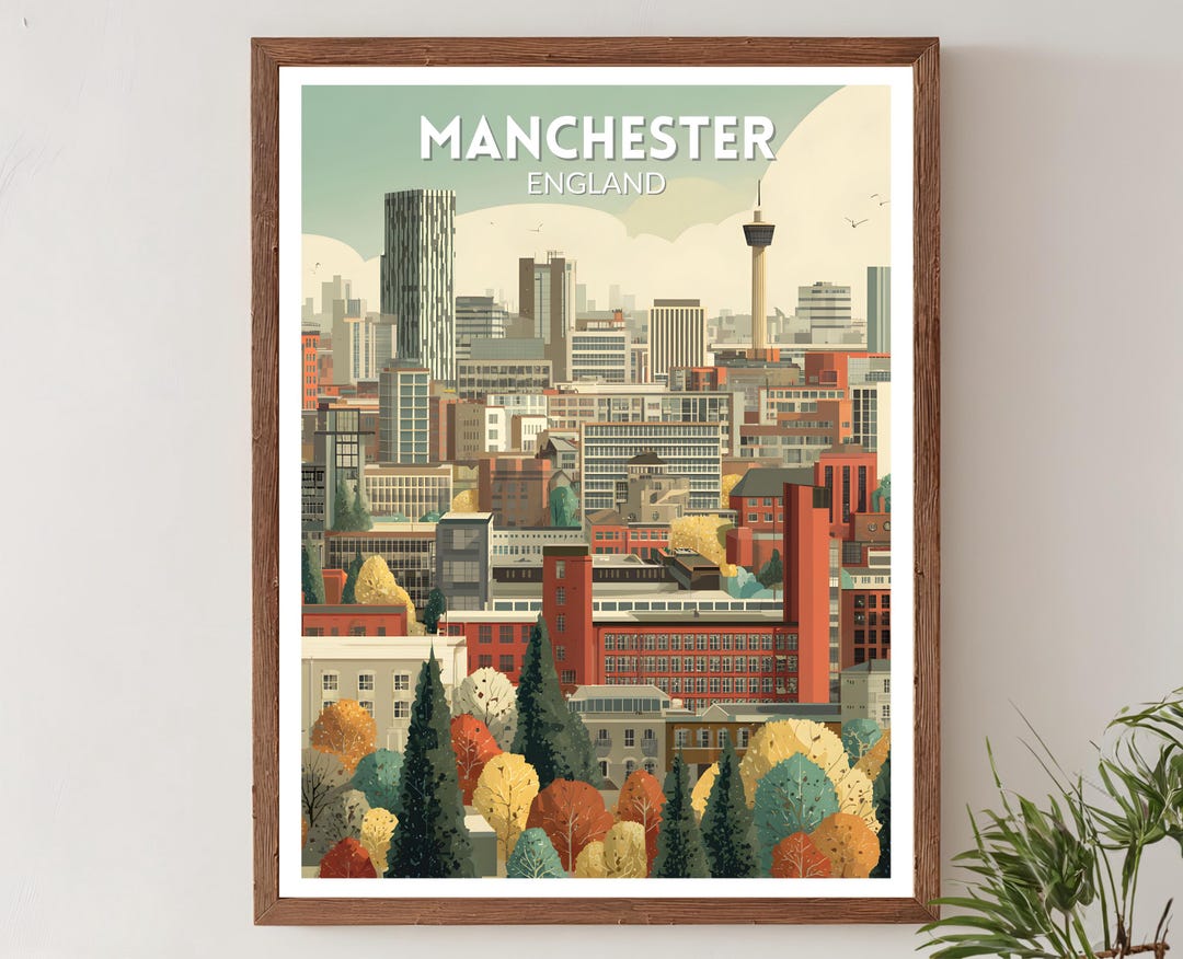 Manchester Poster Manchester England Retro Travel Poster, Mid Century Modern Vintage City ...