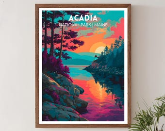 Acadia National Park Maine levendige reisposter, retro futuristische muurkunstprint, kleurrijk kustlandschap, Maine poster, modern decor