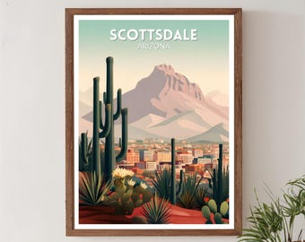 Scottsdale Arizona retro reisposter, moderne vintage stadsgezichten uit het midden van de eeuw, kunst aan de muur Noord-Amerika