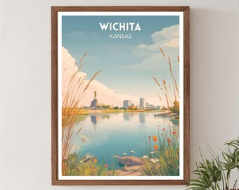 Wichita Kansas Retro Travel Poster, Mid Century Modern Vintage Cityscape Art, North America Wall Art
