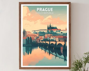 Poster di viaggio retrò di Praga, Repubblica Ceca, stampa artistica da parete moderna di metà secolo, decorazione paesaggistica vintage del Ponte Carlo, poster ceco, Praga