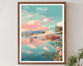 Poster di viaggio retrò di Oslo, Norvegia, stampa artistica da parete moderna di metà secolo, paesaggio scandinavo vintage, poster della Norvegia, arredamento per la casa, Norvegia