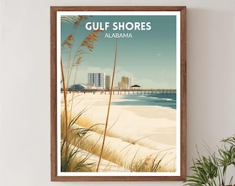 Gulf Shores Alabama Retro Travel Poster, Mid Century Modern Vintage Coastal Art, North America Wall Art