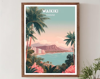 Waikiki Hawaii Retro Travel Poster, Mid Century Modern Vintage Coastal Art, Oceania Wall Art