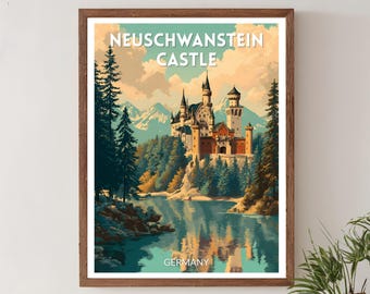 Neuschwanstein Castle Germany Retro Travel Poster, Mid Century Modern Wall Art Print, Vintage Landscape Decor, Germany Poster, Home Decor